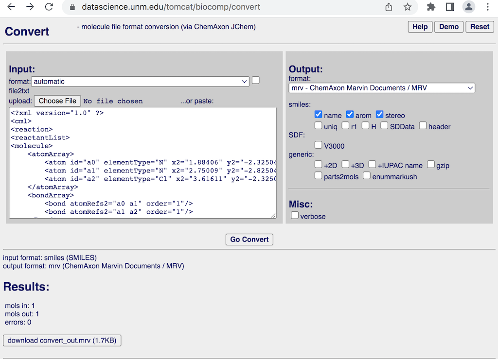 Reaction File Converter - datascience.unm.edu/tomcat/biocomp/convert